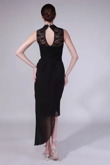 Black Lace High-Neck Open Back Gala Dress with Asymmetric Skirt.