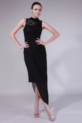 Black Lace High-Neck Open Back Gala Dress with Asymmetric Skirt.