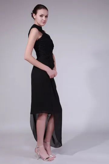 Black Lace High-Neck Open Back Gala Dress with Asymmetric Skirt.