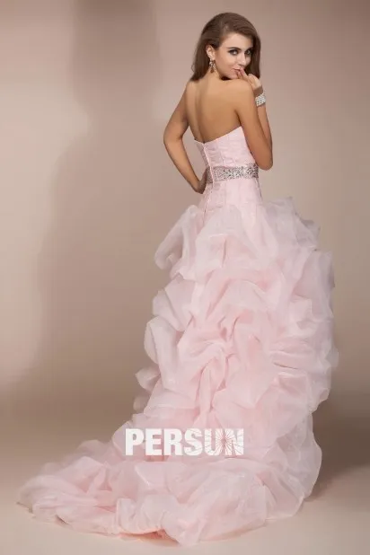 Pink Strapless High-Low Prom Dress with Jewel-Embellished Waistline in Organza