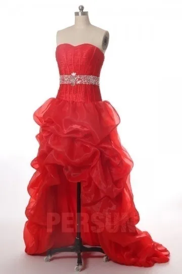 Pink Strapless High-Low Prom Dress with Jewel-Embellished Waistline in Organza