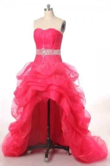 Pink Strapless High-Low Prom Dress with Jewel-Embellished Waistline in Organza