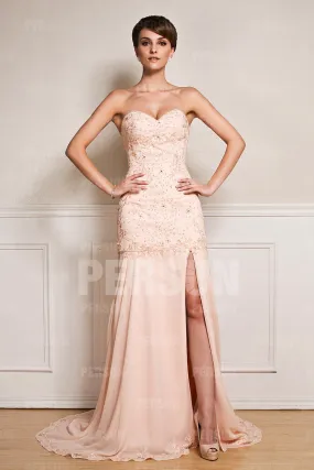 Light Pink Fitted Sweetheart Strapless Prom Dress with Embroidery & Slit Skirt