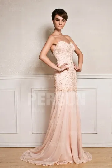 Light Pink Fitted Sweetheart Strapless Prom Dress with Embroidery & Slit Skirt