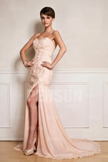 Light Pink Fitted Sweetheart Strapless Prom Dress with Embroidery & Slit Skirt