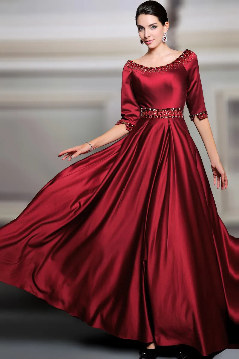 Long burgundy silky satin evening gown with short sleeves in red