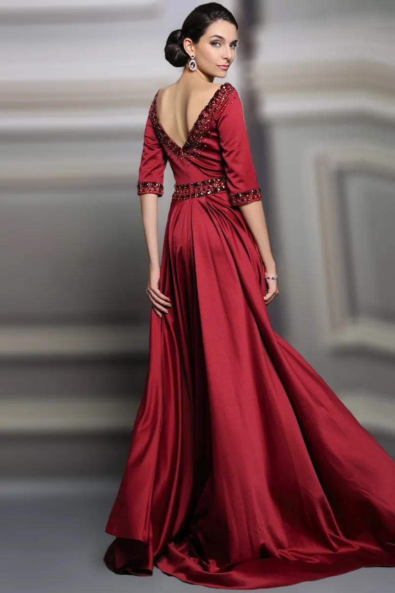 Long burgundy silky satin evening gown with short sleeves in red