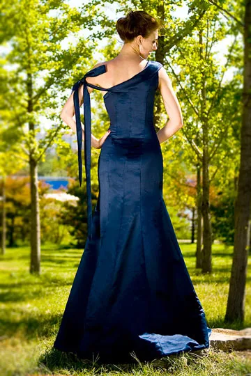 Blue Mermaid Gala Dress with Asymmetrical Bow - Long Evening Dress Collection