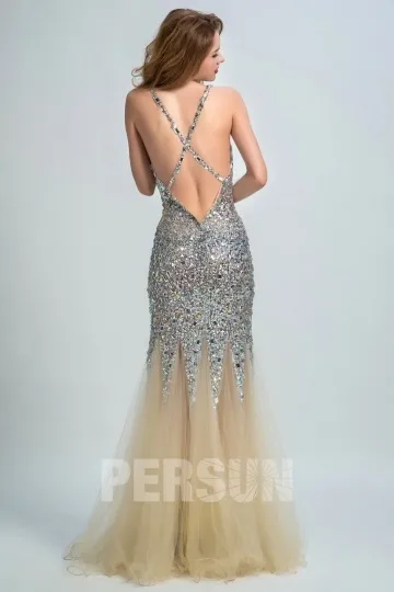 Robe de gala sirène incrusté de strass brillantes avec bretelles croisées sur le dos - Robedesoireelongue.fr