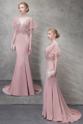 Old Rose Mermaid Evening Gown with Flared Sleeves and Beaded Embellishments