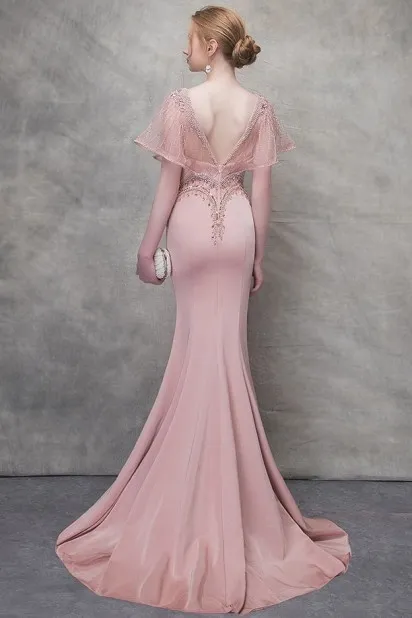 Old Rose Mermaid Evening Gown with Flared Sleeves and Beaded Embellishments