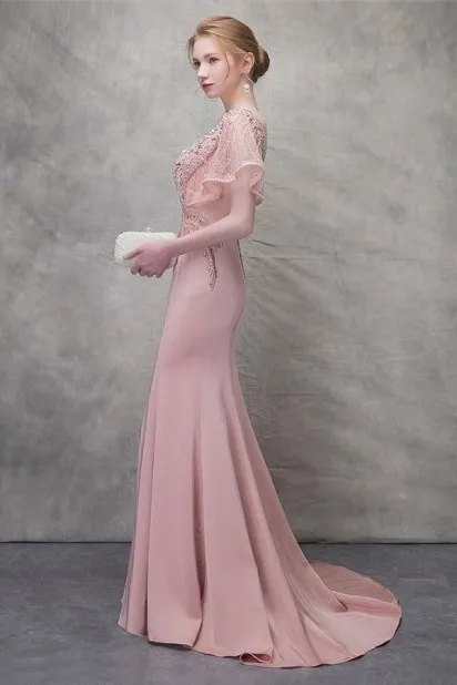 Old Rose Mermaid Evening Gown with Flared Sleeves and Beaded Embellishments