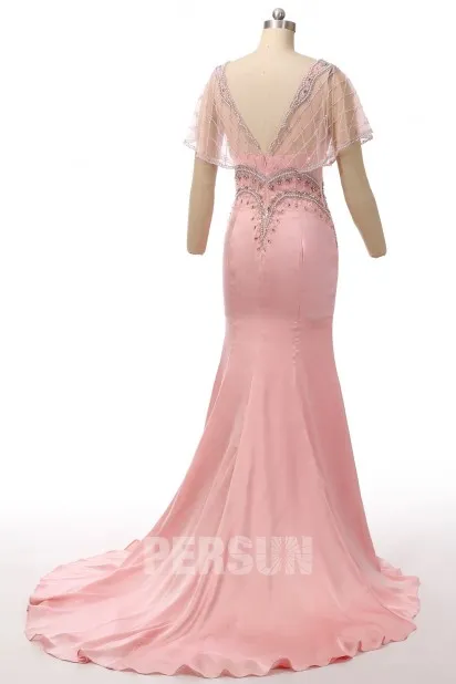 Old Rose Mermaid Evening Gown with Flared Sleeves and Beaded Embellishments