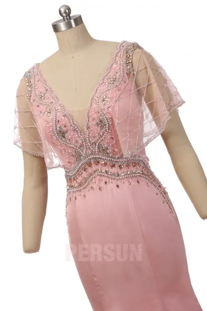 Old Rose Mermaid Evening Gown with Flared Sleeves and Beaded Embellishments