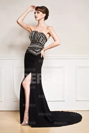 Gala Evening Gown with Sequin Split Strapless and Train - Robedesoireelongue.fr