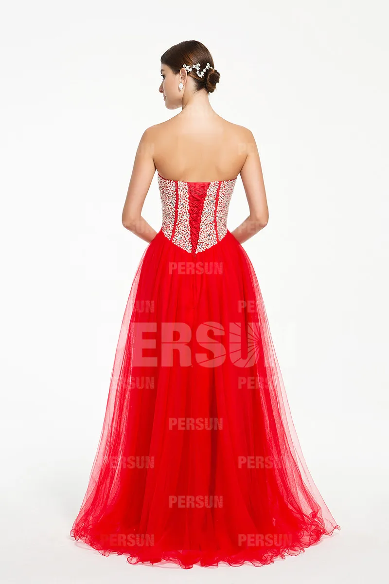 Red sequin bustier evening gown.