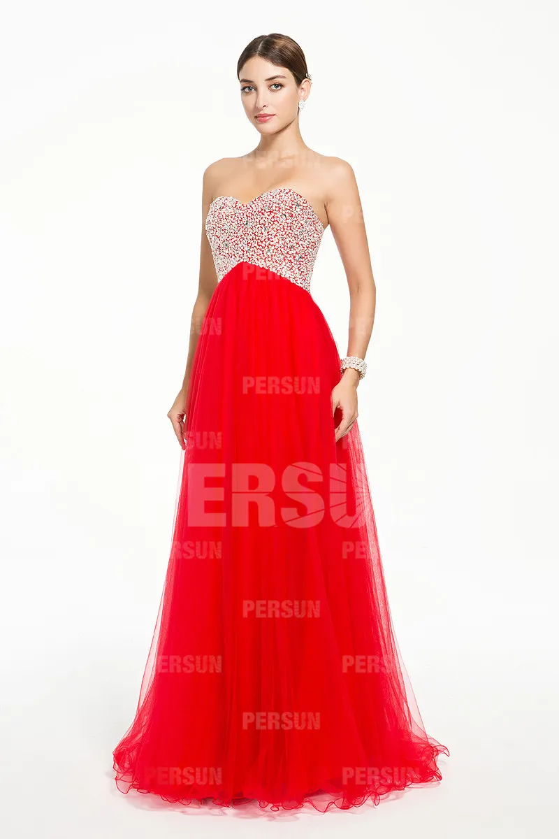 Red sequin bustier evening gown.