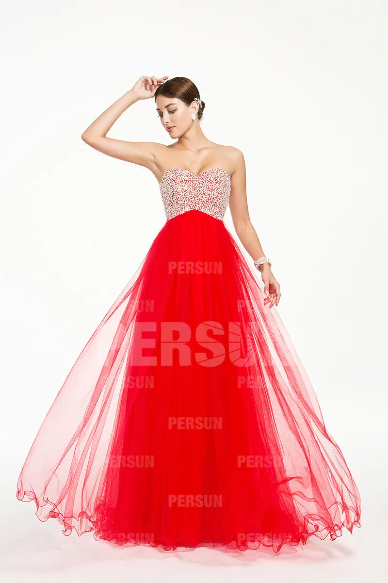 Red sequin bustier evening gown.