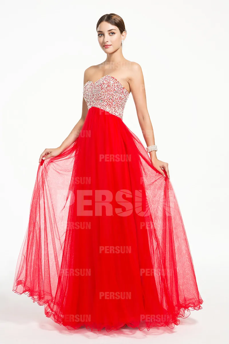 Red sequin bustier evening gown.