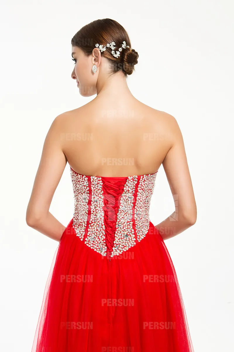 Red sequin bustier evening gown.