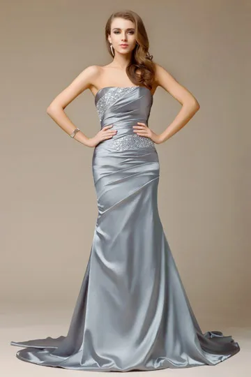 Robe grise de gala longue bustier à paillettes jupe sirène en satin élastique - Robedesoireelongue.fr