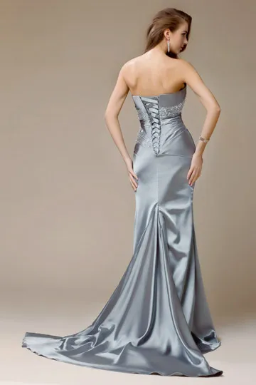 Robe grise de gala longue bustier à paillettes jupe sirène en satin élastique - Robedesoireelongue.fr