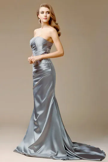 Robe grise de gala longue bustier à paillettes jupe sirène en satin élastique - Robedesoireelongue.fr