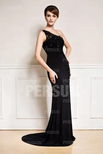 Black slit gala gown with floral applique asymmetrical shoulder and train - Robedesoireelongue.fr