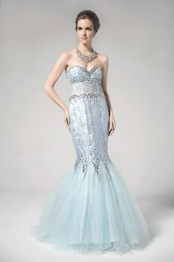 Pastel blue mermaid gown with sweetheart bodice and sequins for gala.