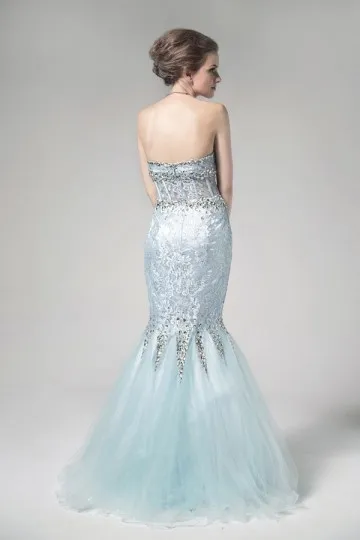 Pastel blue mermaid gown with sweetheart bodice and sequins for gala.