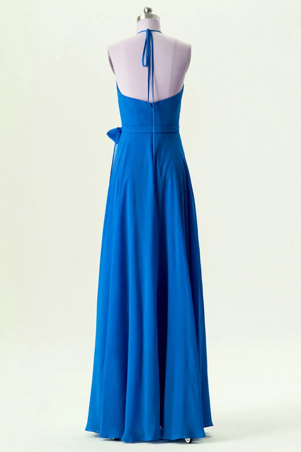 Blue Evening Maxi Dress with Draped Neckline and Open Back