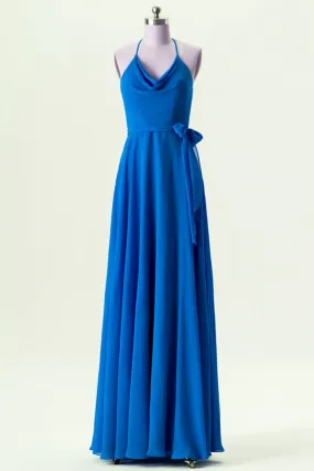 Blue Evening Maxi Dress with Draped Neckline and Open Back