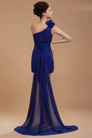 Royal Blue Gala Dress with Floral Neckline and Short Train