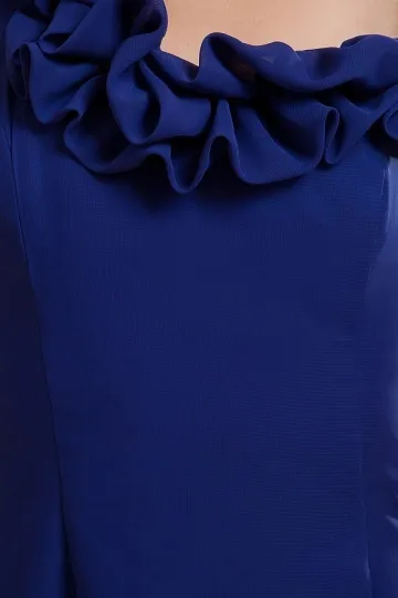 Royal Blue Gala Dress with Floral Neckline and Short Train