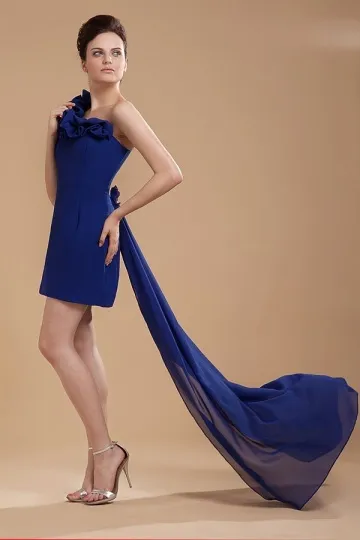 Royal Blue Gala Dress with Floral Neckline and Short Train