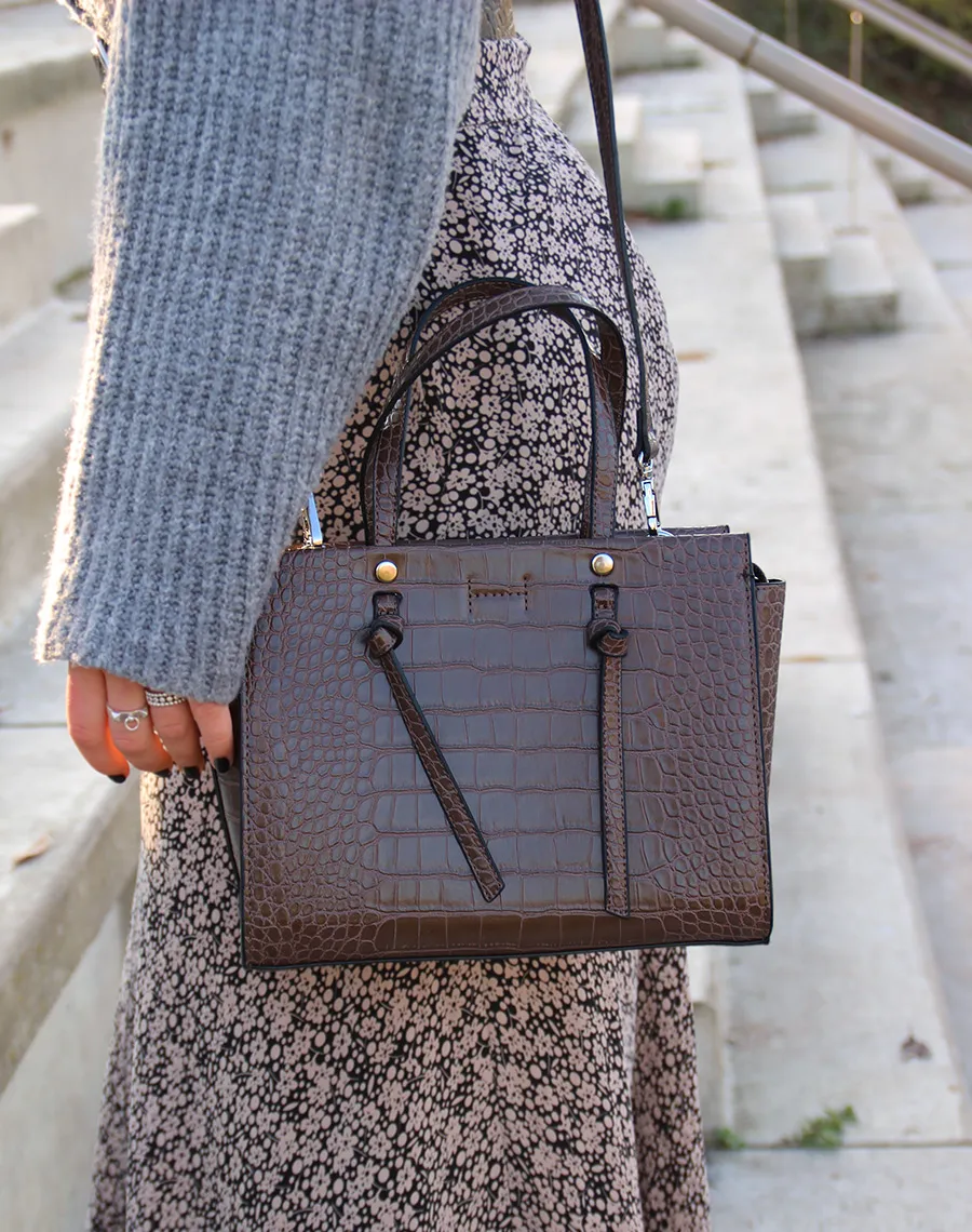 Taupe crocodile print handbag