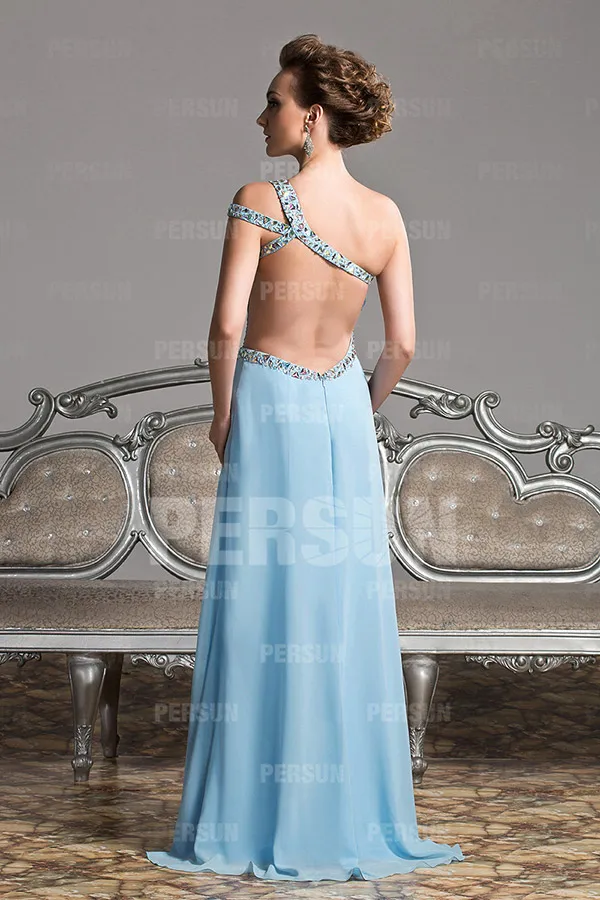 Light Blue Pastel Asymmetrical Gala Dress with Open Back and Slit Skirt