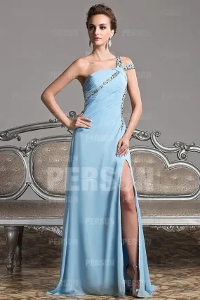 Light Blue Pastel Asymmetrical Gala Dress with Open Back and Slit Skirt