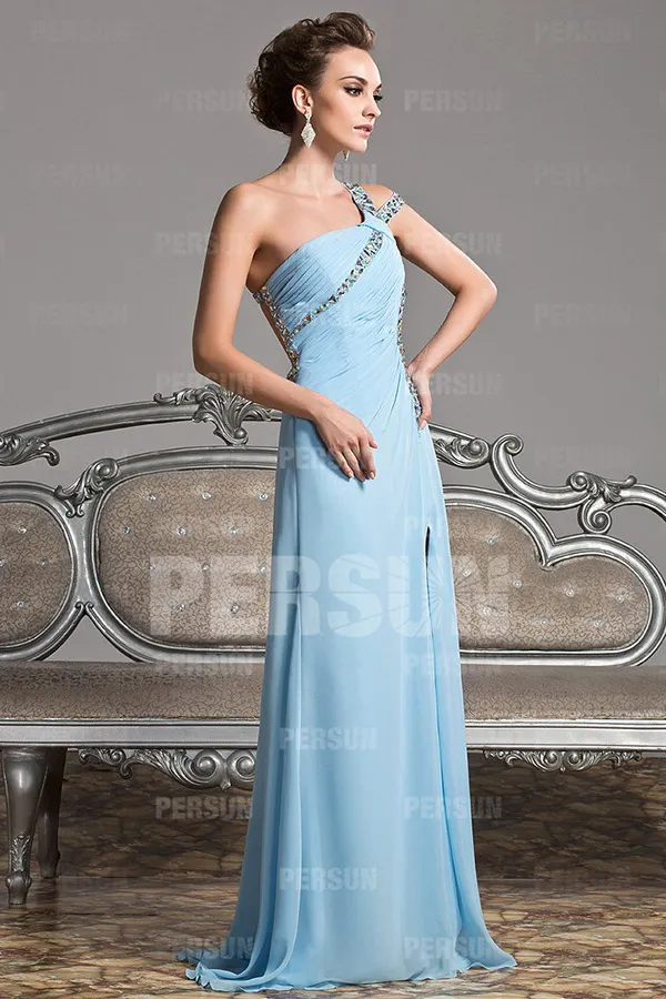 Light Blue Pastel Asymmetrical Gala Dress with Open Back and Slit Skirt