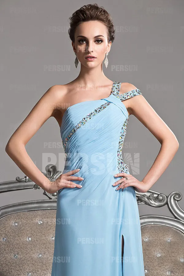 Light Blue Pastel Asymmetrical Gala Dress with Open Back and Slit Skirt