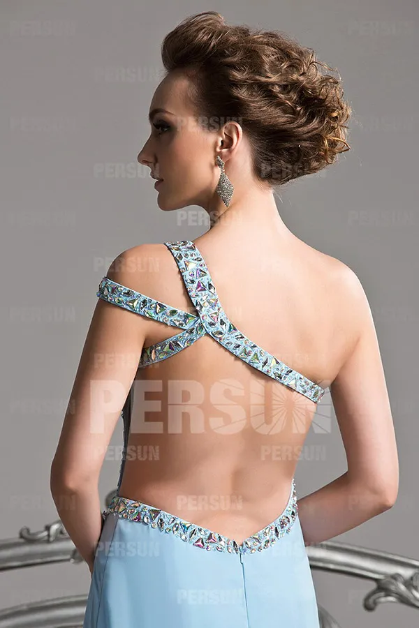 Light Blue Pastel Asymmetrical Gala Dress with Open Back and Slit Skirt