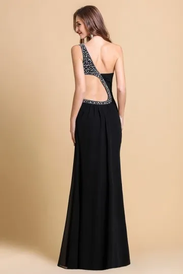 Black Sequin Asymmetrical Evening Gown with Back Cutout for Gala - Robedesoireelongue.fr