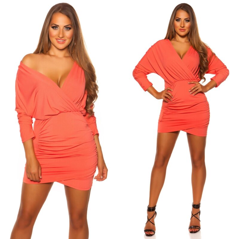 Short coral CELINE dress with deep neckline for women