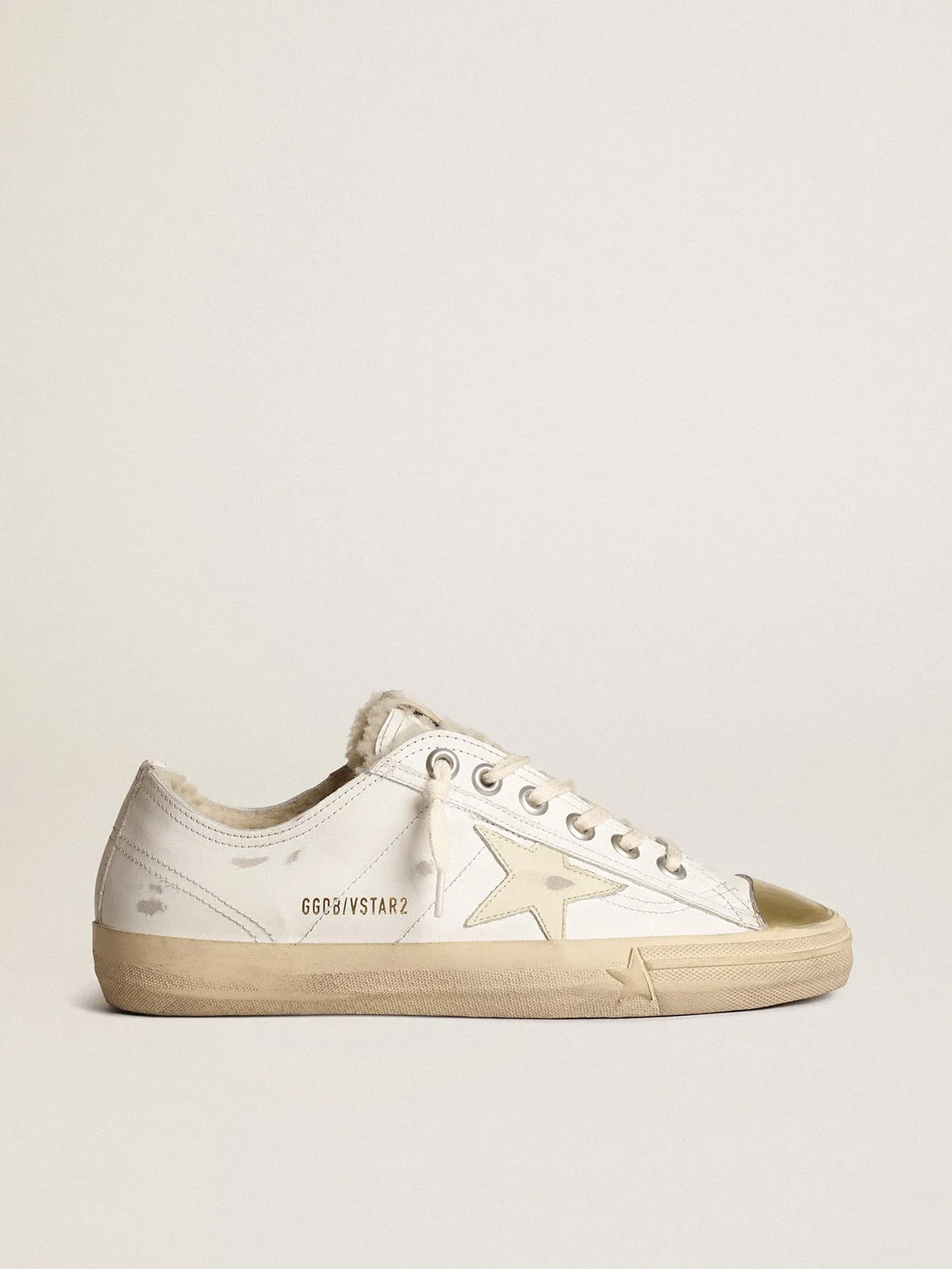 Golden Goose Beige V-Star Sneakers with Leather Star and Shearling Lining