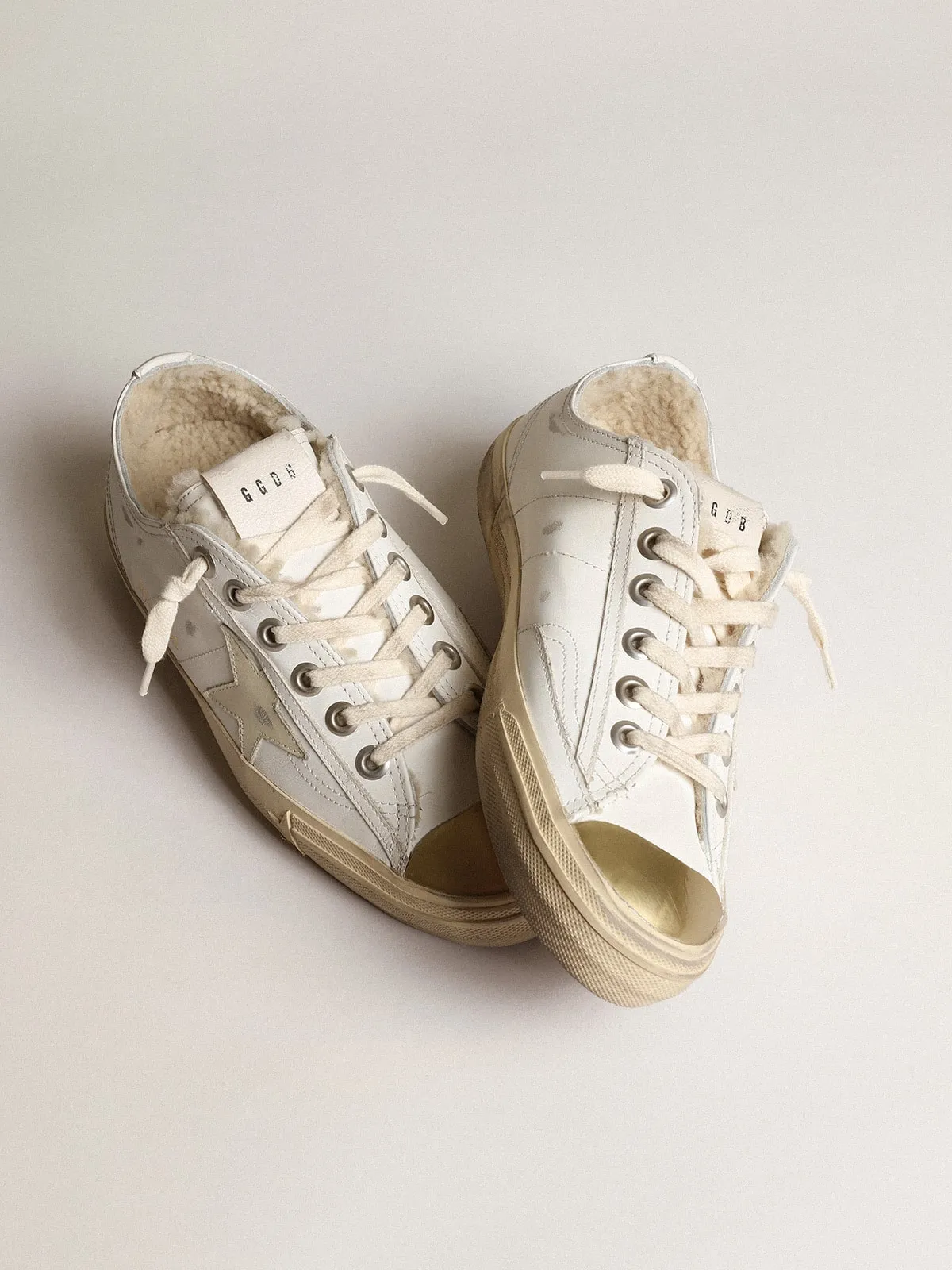 Golden Goose Beige V-Star Sneakers with Leather Star and Shearling Lining