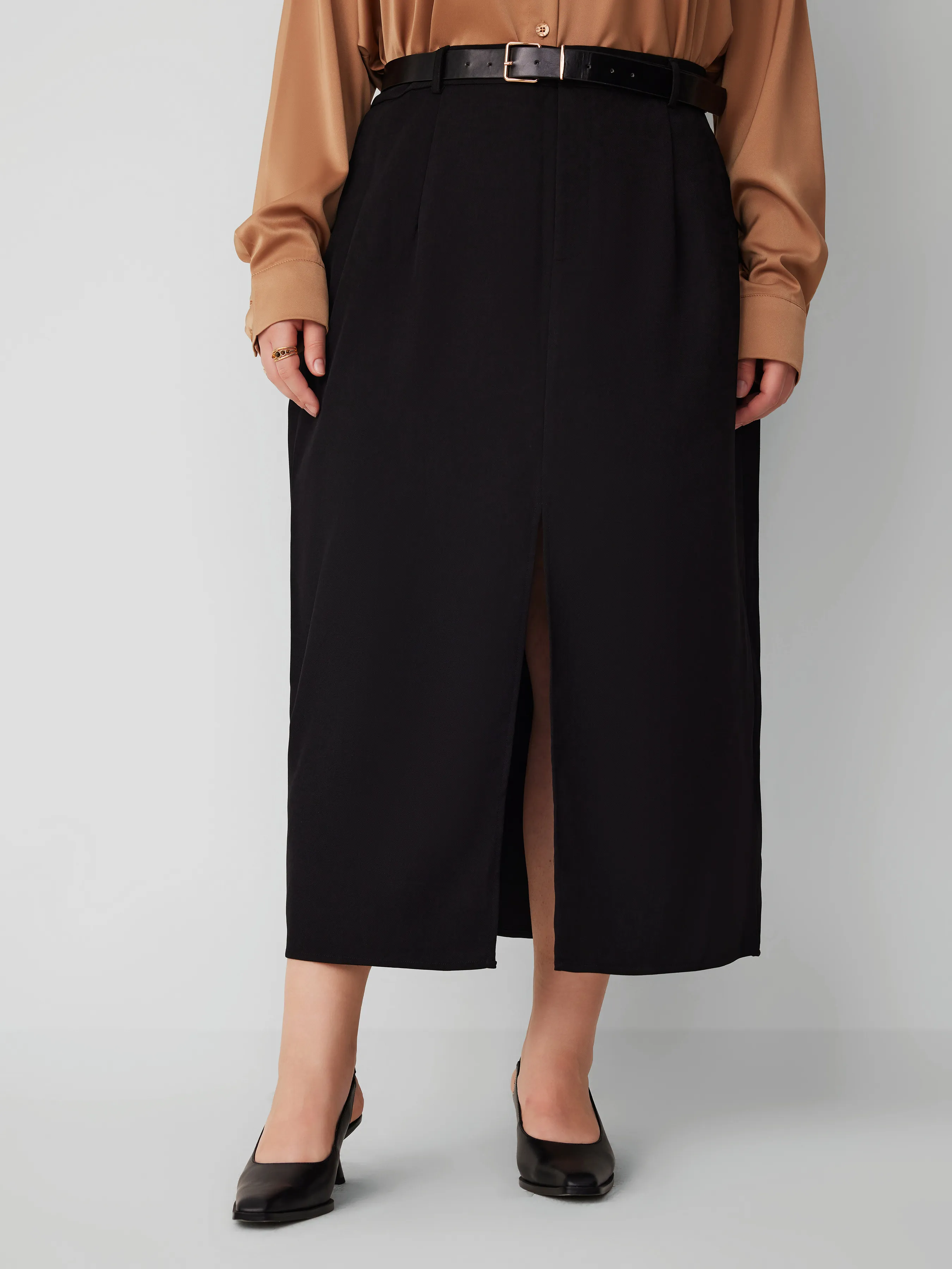 Solid Color Curve & Plus Size Mid-Waist Split Maxi Skirt