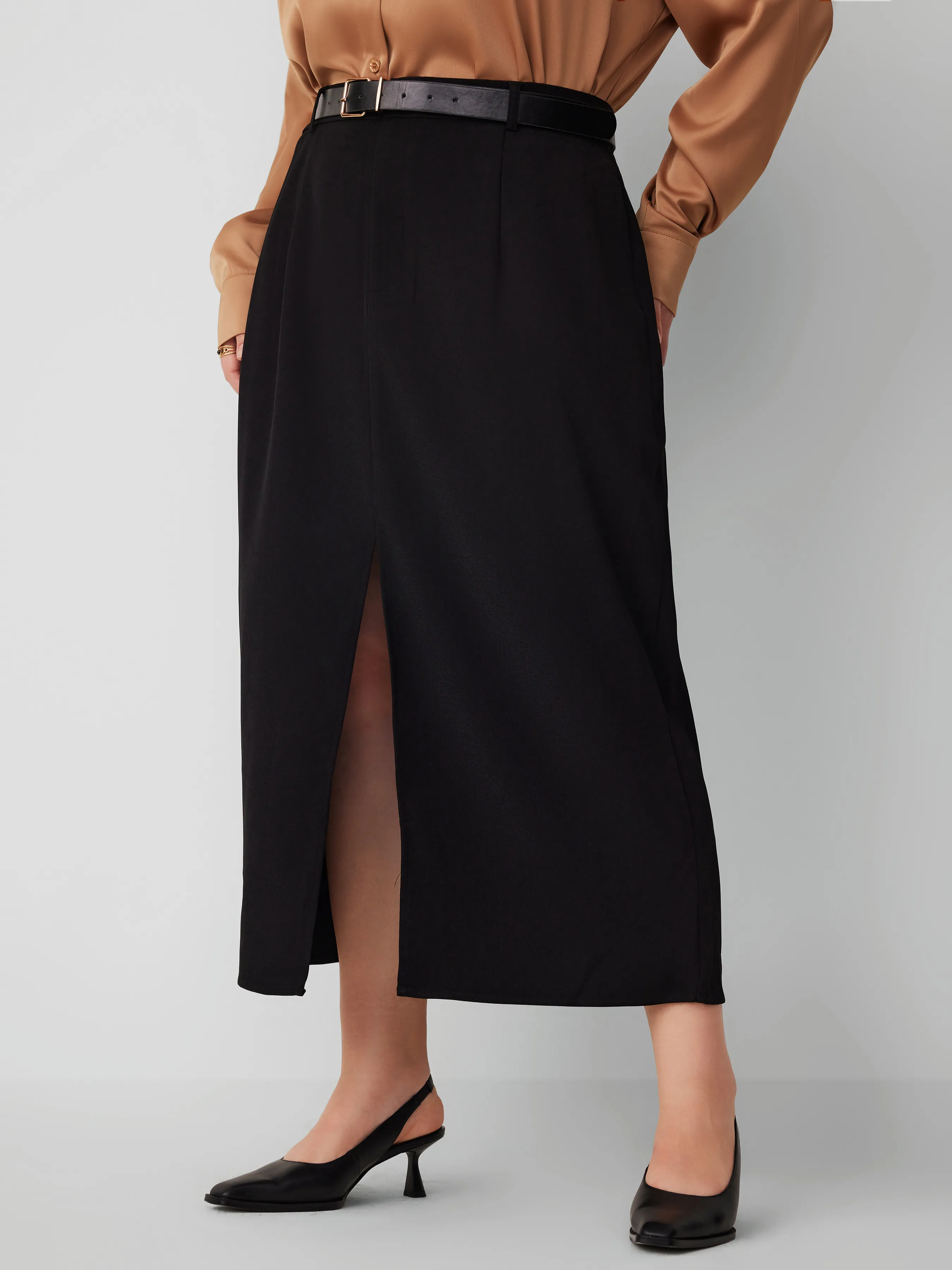 Solid Color Curve & Plus Size Mid-Waist Split Maxi Skirt