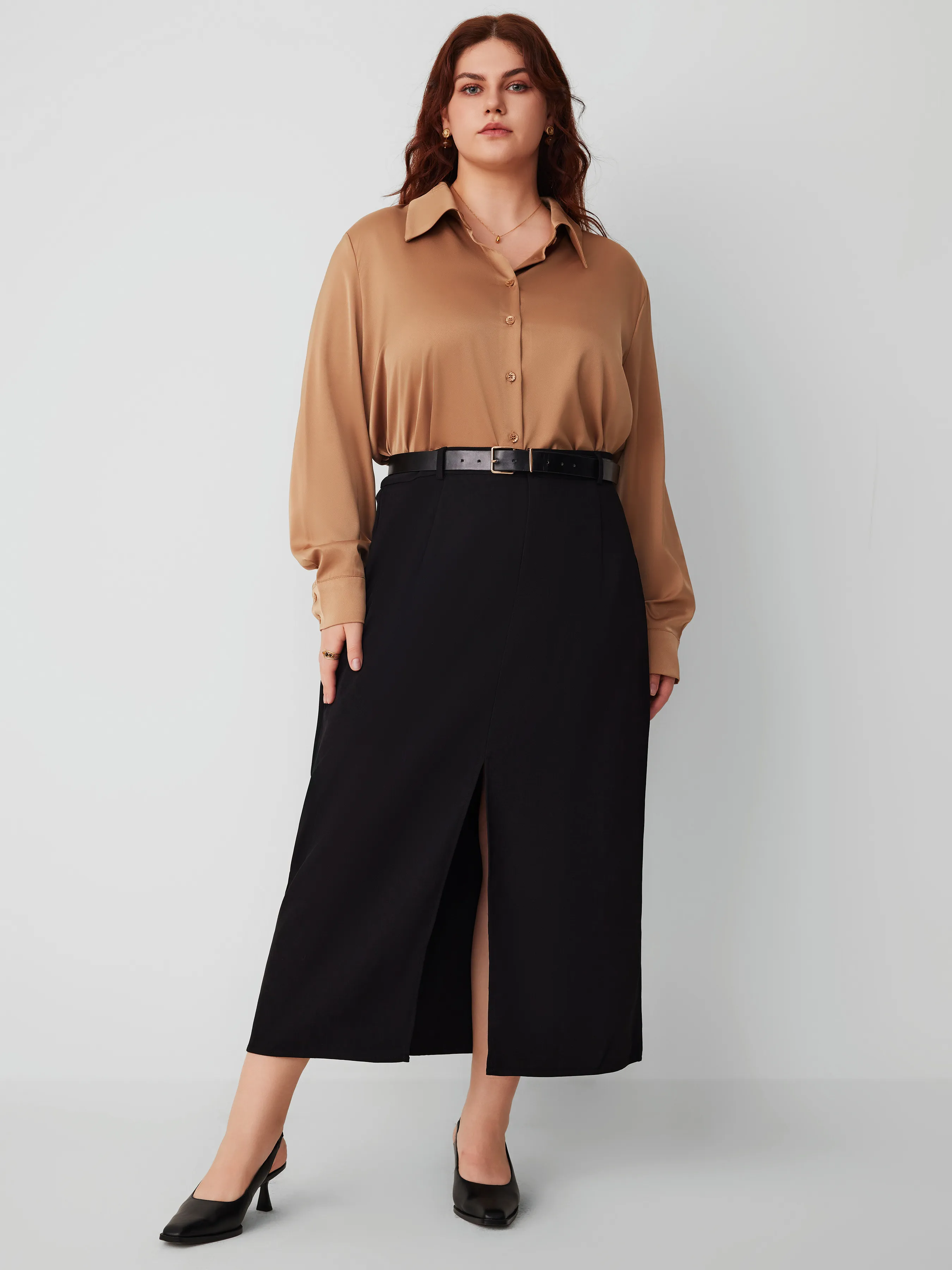 Solid Color Curve & Plus Size Mid-Waist Split Maxi Skirt