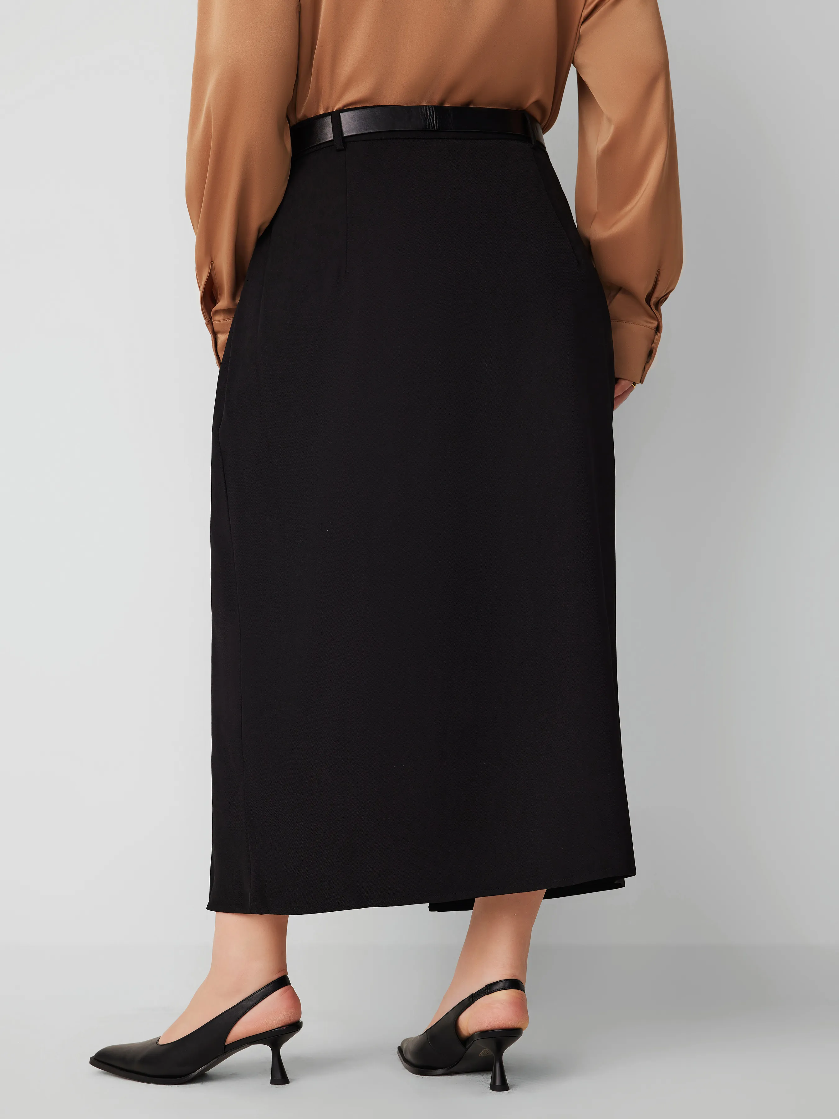 Solid Color Curve & Plus Size Mid-Waist Split Maxi Skirt