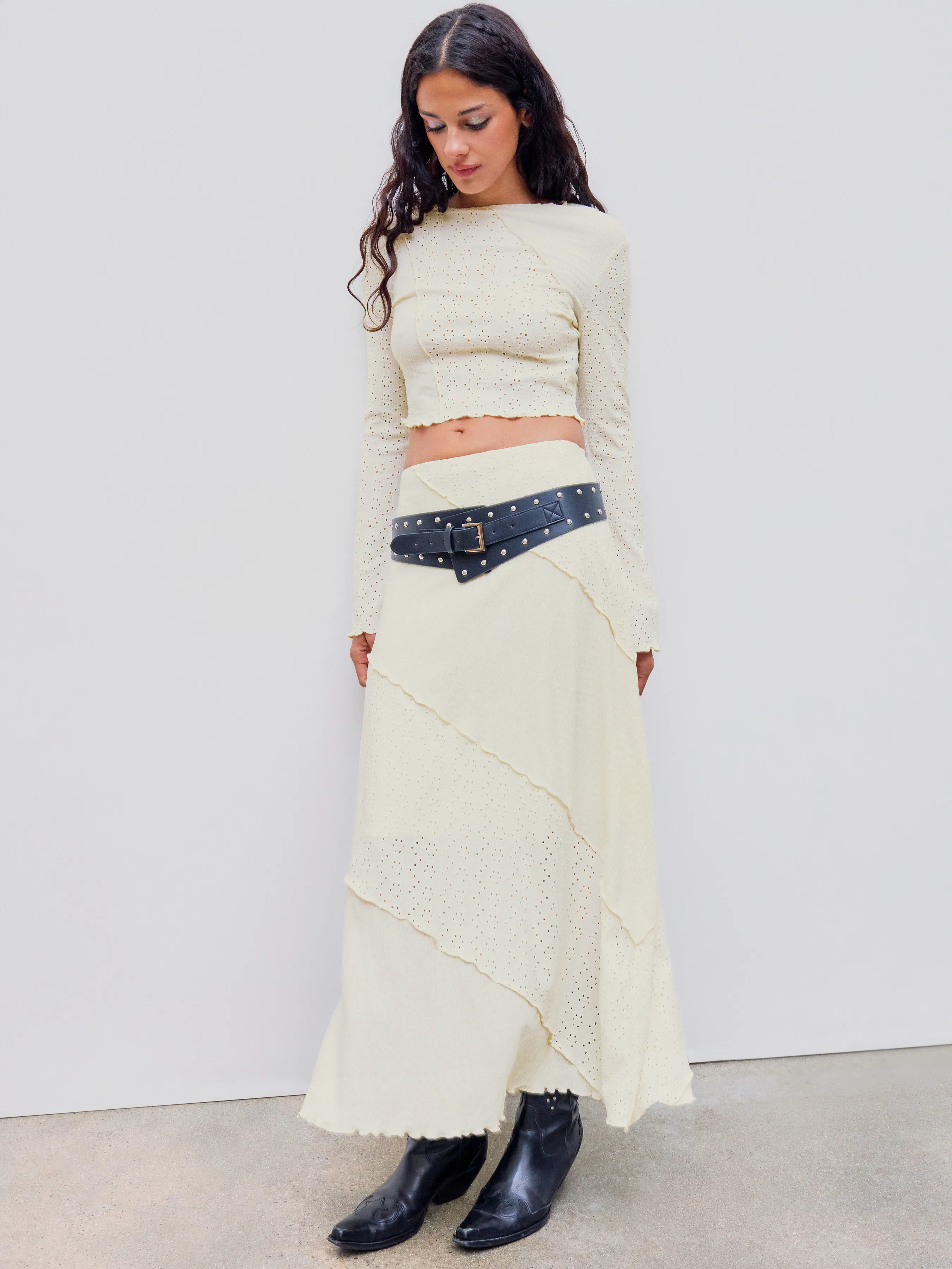 Solid Medium Waist Maxi Patchwork Skirt